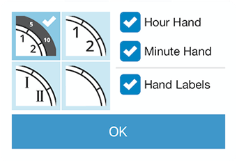 Select the hour hand, minute hand, and hand labels on and off.